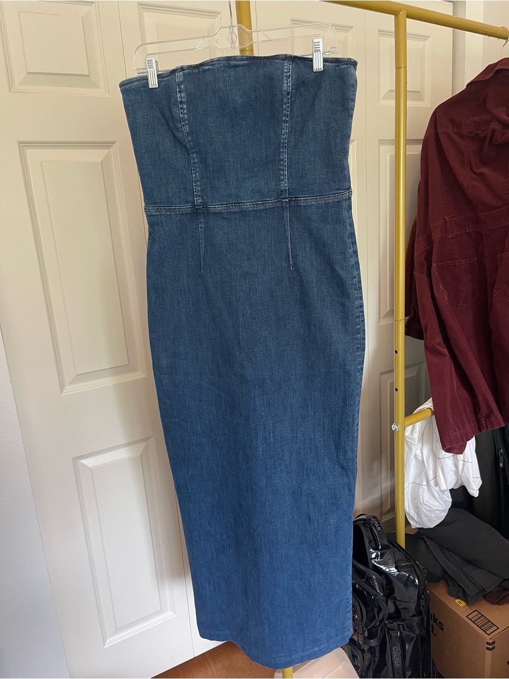 Reformation Dark Blue Strapless Denim Midi Dress